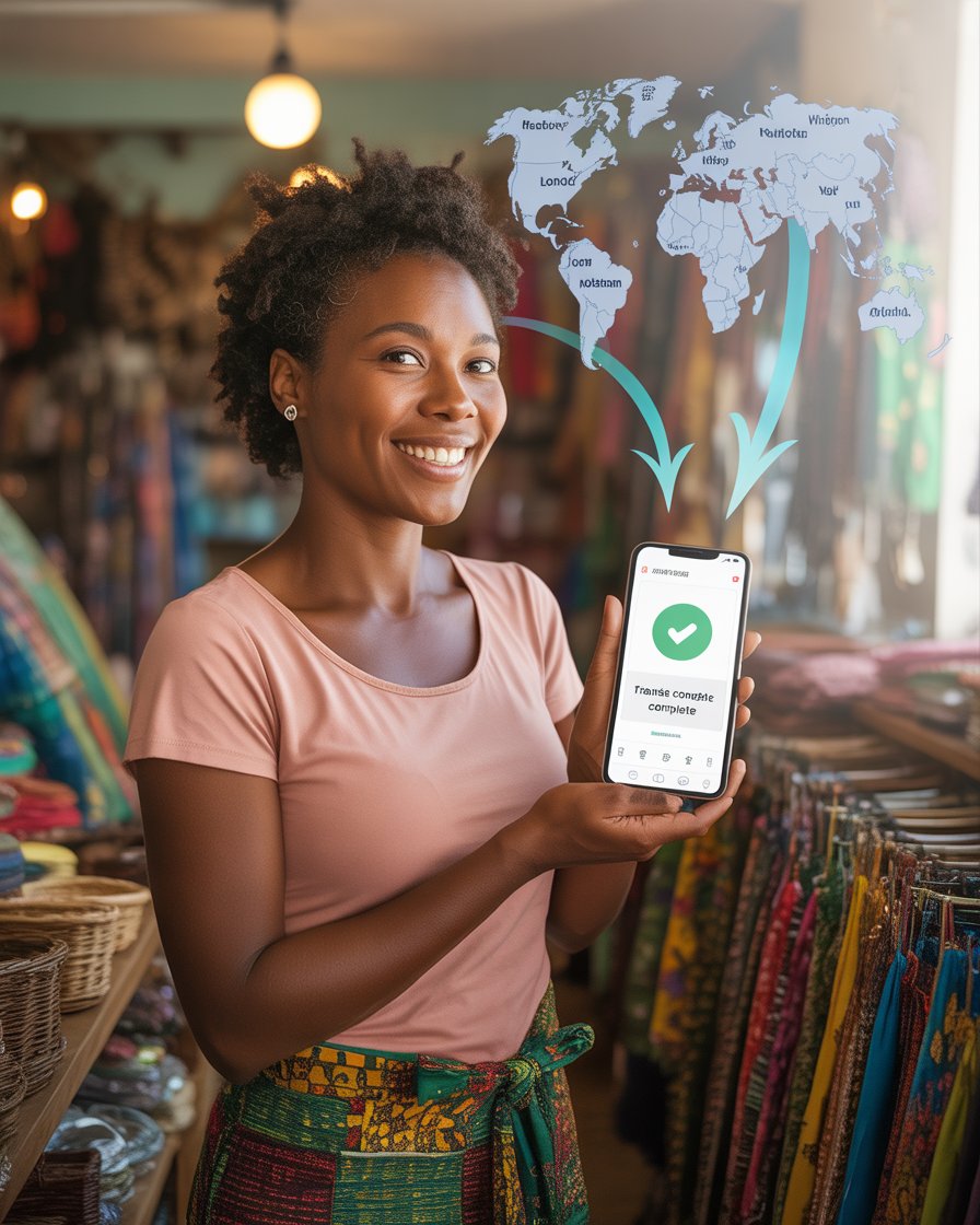 Woman with smartphone in marketplace
